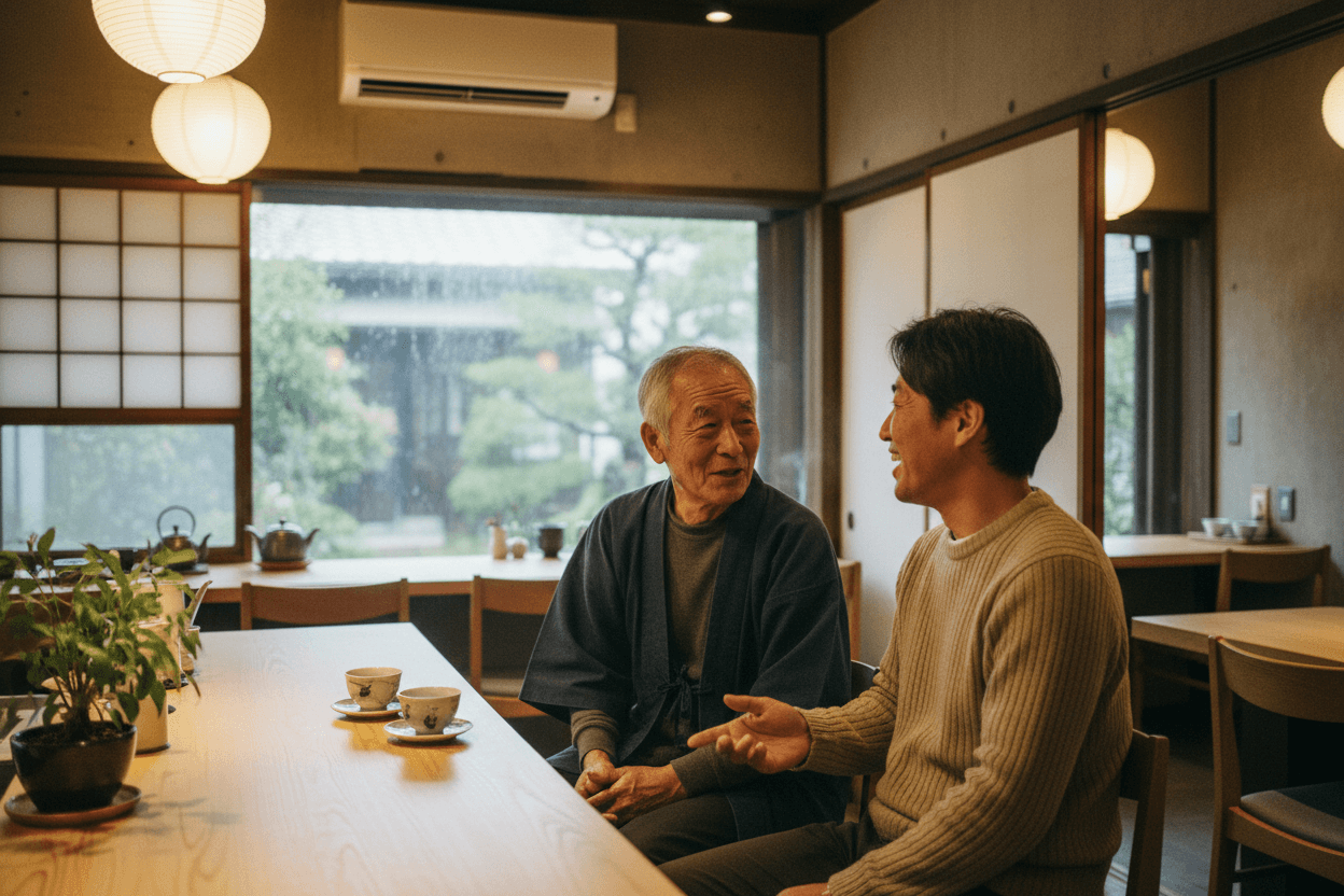取材で言葉を交わす人たち