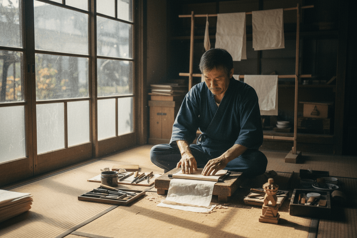 窓から光の入る工房で、手仕事に向き合う職人のイメージ
